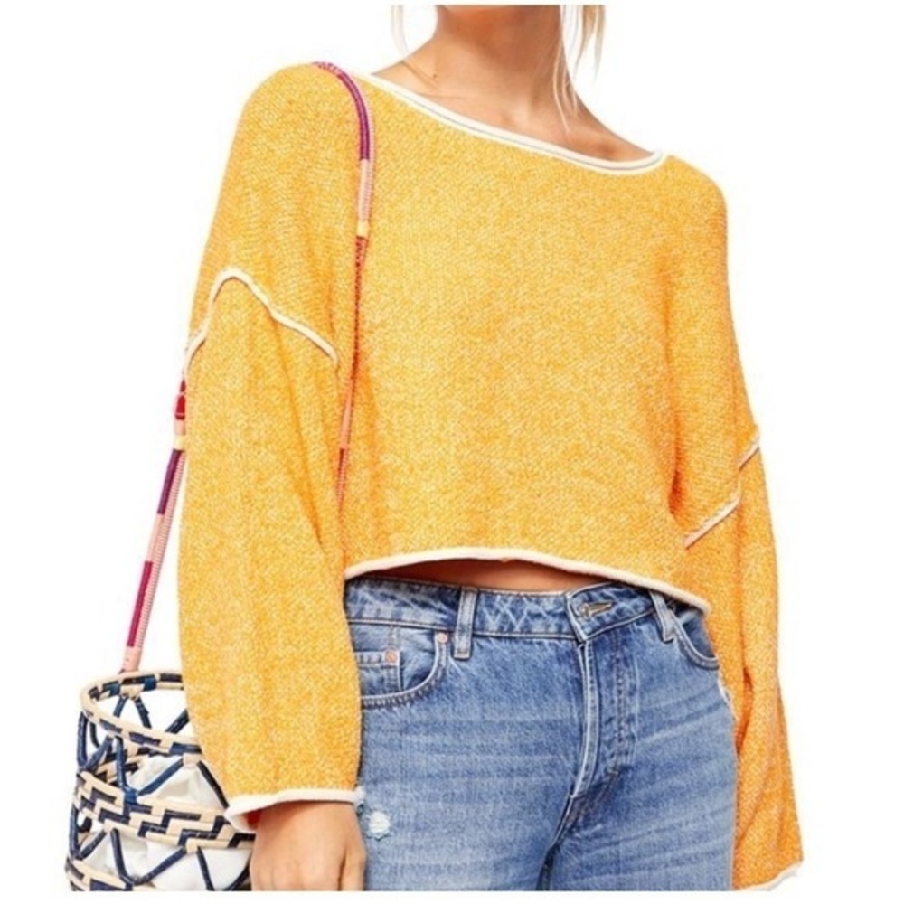 Free People Boho Cropped Lightweight Knit Top S Coastal Contrast Trim Indie Boxy